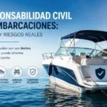 Embarcación de recreo amarrada en el mar con icono de escudo que representa la responsabilidad civil en embarcaciones y la cobertura obligatoria en España.