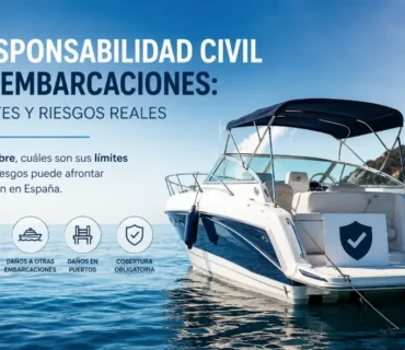 Embarcación de recreo amarrada en el mar con icono de escudo que representa la responsabilidad civil en embarcaciones y la cobertura obligatoria en España.