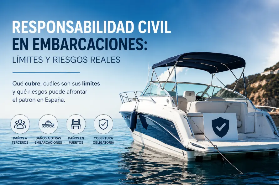 Embarcación de recreo amarrada en el mar con icono de escudo que representa la responsabilidad civil en embarcaciones y la cobertura obligatoria en España.