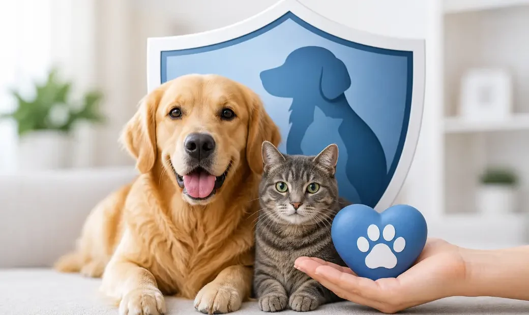 Seguro para mascotas con perro y gato protegidos bajo un escudo, símbolo de cobertura veterinaria y responsabilidad civil.