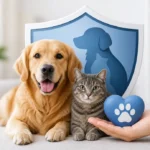 Seguro para mascotas con perro y gato protegidos bajo un escudo, símbolo de cobertura veterinaria y responsabilidad civil.
