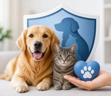 Seguro para mascotas con perro y gato protegidos bajo un escudo, símbolo de cobertura veterinaria y responsabilidad civil.