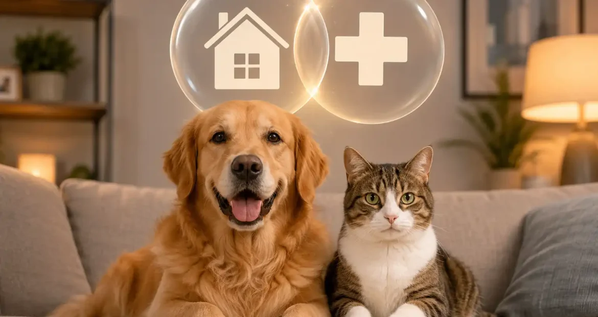 Golden retriever y gato sentados juntos en un sofá con burbujas de protección de hogar y veterinaria sobre ellos en una sala moderna con iluminación cálida.