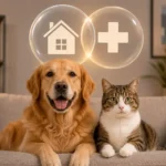 Golden retriever y gato sentados juntos en un sofá con burbujas de protección de hogar y veterinaria sobre ellos en una sala moderna con iluminación cálida.