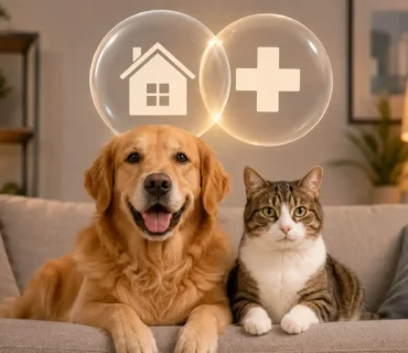 Golden retriever y gato sentados juntos en un sofá con burbujas de protección de hogar y veterinaria sobre ellos en una sala moderna con iluminación cálida.