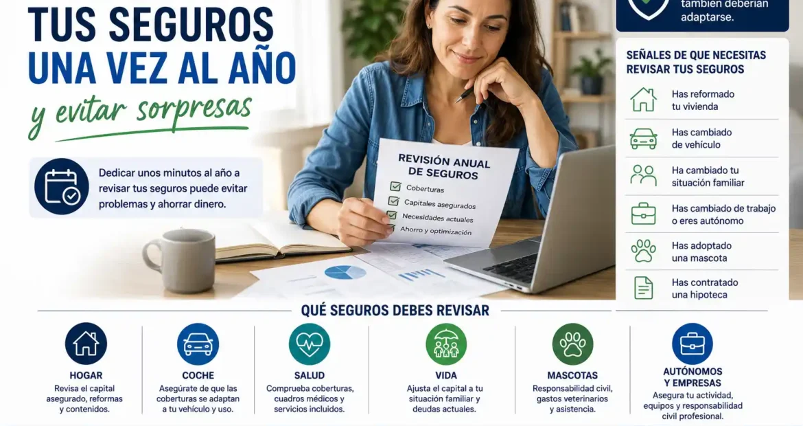 Persona revisando documentos y pólizas de seguros durante una revisión anual para actualizar coberturas de hogar, coche, salud, vida y mascotas.