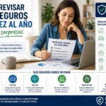Persona revisando documentos y pólizas de seguros durante una revisión anual para actualizar coberturas de hogar, coche, salud, vida y mascotas.