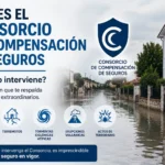 Calle residencial inundada tras fuertes lluvias con diseño informativo sobre el Consorcio de Compensación de Seguros y los riesgos extraordinarios que cubre en España.