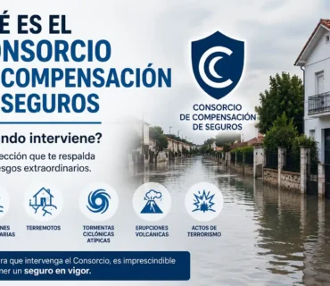 Calle residencial inundada tras fuertes lluvias con diseño informativo sobre el Consorcio de Compensación de Seguros y los riesgos extraordinarios que cubre en España.