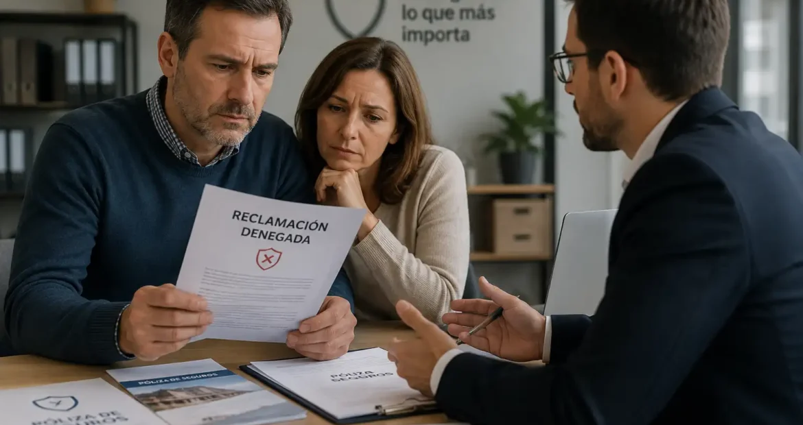 Cliente revisando una carta de rechazo de siniestro junto a un asesor de seguros analizando opciones de reclamación y defensa de derechos del asegurado.