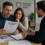 Cliente revisando una carta de rechazo de siniestro junto a un asesor de seguros analizando opciones de reclamación y defensa de derechos del asegurado.