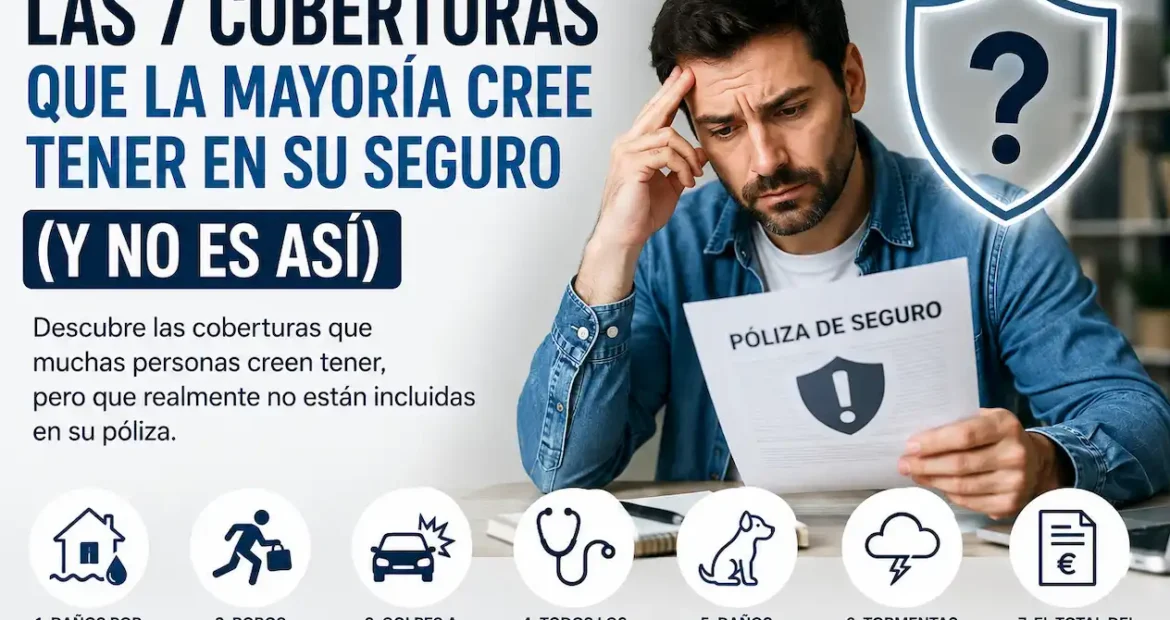 Hombre revisando una póliza de seguro con gesto preocupado junto a diseño informativo sobre las 7 coberturas que muchas personas creen tener pero no están incluidas en su seguro.