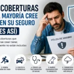 Hombre revisando una póliza de seguro con gesto preocupado junto a diseño informativo sobre las 7 coberturas que muchas personas creen tener pero no están incluidas en su seguro.