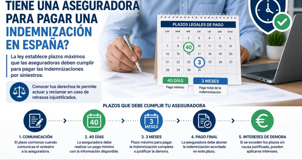 Infografía sobre los plazos legales que tiene una aseguradora para pagar una indemnización en España, mostrando el límite de 40 días para el pago mínimo y 3 meses para la resolución completa del siniestro.