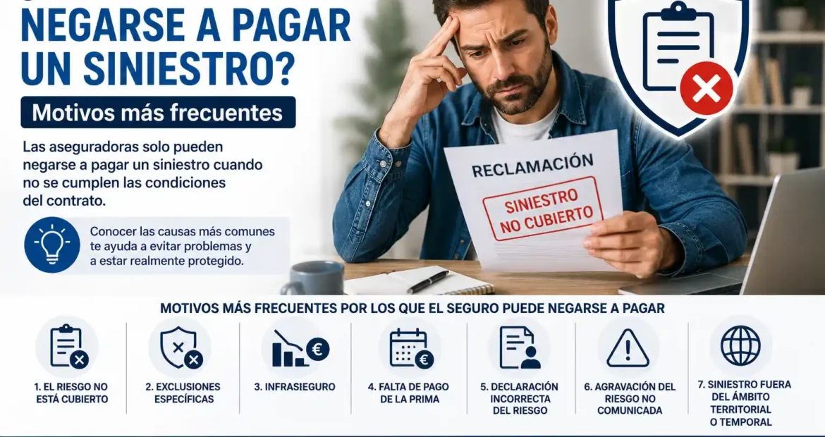 Hombre revisando documento de reclamación con aviso de siniestro no cubierto junto a diseño informativo sobre los motivos por los que el seguro puede negarse a pagar un siniestro.