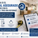 Interior de vivienda reformada con documento de póliza de seguro mostrando diferencia entre capital asegurado y valor real tras una reforma, destacando el riesgo de infraseguro.