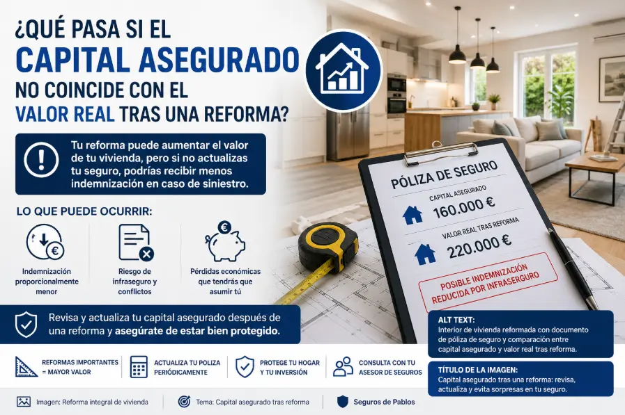 Interior de vivienda reformada con documento de póliza de seguro mostrando diferencia entre capital asegurado y valor real tras una reforma, destacando el riesgo de infraseguro.