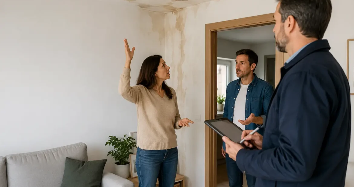Propietaria mostrando los daños por una fuga de agua en el techo de su vivienda mientras un vecino y un perito de seguros inspeccionan el origen del siniestro y evalúan los desperfectos.