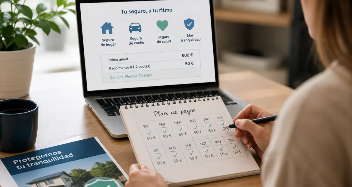 Persona comparando las opciones para pagar un seguro mes a mes mientras revisa una póliza y un calendario con las cuotas mensuales.