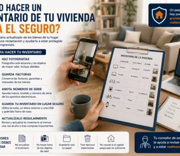 Infografía sobre cómo hacer un inventario de la vivienda para el seguro, mostrando los pasos para fotografiar los bienes, guardar facturas, anotar números de serie, conservar el inventario de forma segura y mantenerlo actualizado para facilitar futuras reclamaciones.