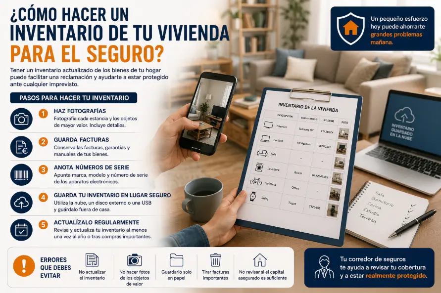 Infografía sobre cómo hacer un inventario de la vivienda para el seguro, mostrando los pasos para fotografiar los bienes, guardar facturas, anotar números de serie, conservar el inventario de forma segura y mantenerlo actualizado para facilitar futuras reclamaciones.