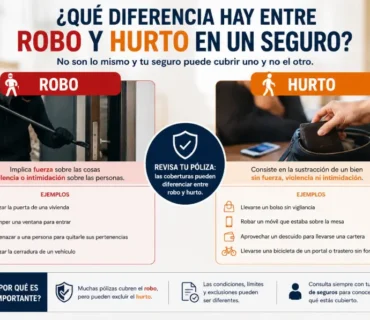 Infografía comparativa que explica la diferencia entre robo y hurto en un seguro, mostrando sus principales características, ejemplos y cómo pueden afectar a las coberturas de una póliza de hogar.