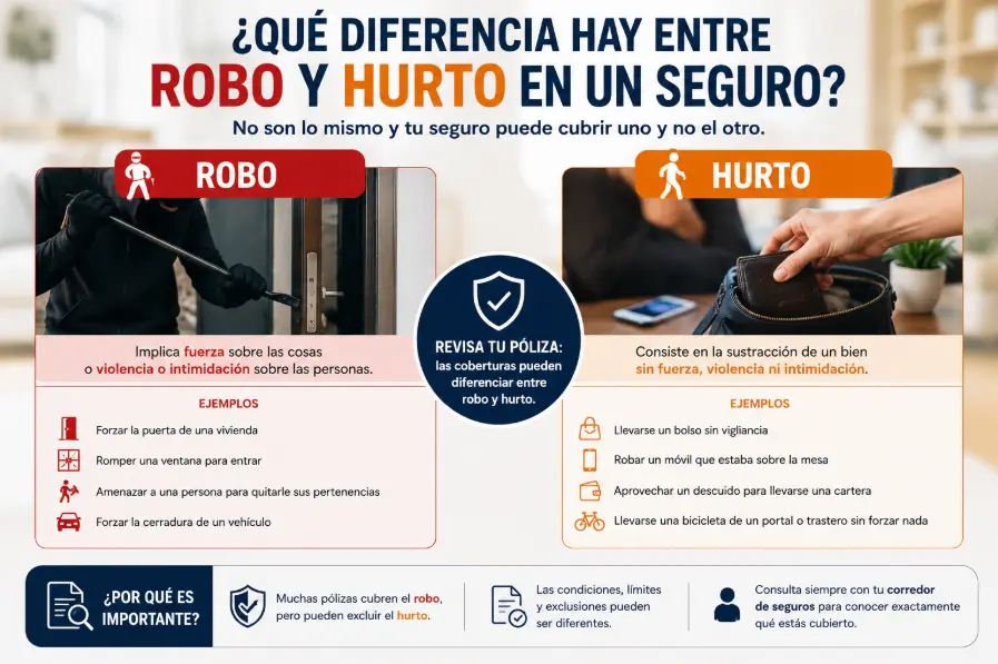 Infografía comparativa que explica la diferencia entre robo y hurto en un seguro, mostrando sus principales características, ejemplos y cómo pueden afectar a las coberturas de una póliza de hogar.