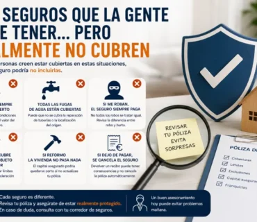 Infografía que muestra varias coberturas que muchas personas creen tener en su seguro, como daños en el móvil, fugas de agua, robos, objetos de valor, reformas o impagos, destacando la importancia de revisar la póliza y sus exclusiones antes de un siniestro.