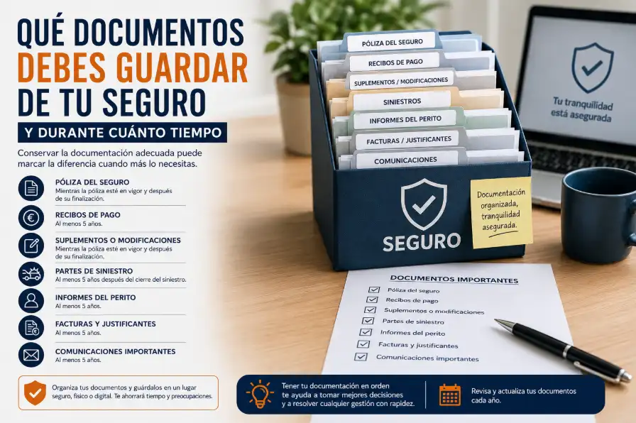 Infografía que muestra los documentos más importantes que conviene conservar de un seguro, como la póliza, recibos de pago, suplementos, partes de siniestro, informes periciales, facturas y comunicaciones con la aseguradora.