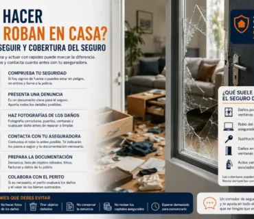 Infografía que explica qué hacer tras un robo en casa, con los pasos para denunciar el siniestro, documentar los daños, contactar con la aseguradora y conocer las coberturas habituales del seguro de hogar.