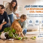 Familia en el salón de una vivienda tras un accidente doméstico provocado por su perro, representando la cobertura de la responsabilidad civil familiar para daños accidentales a terceros incluida en muchos seguros de hogar.