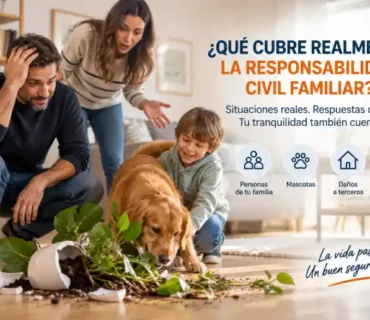 Familia en el salón de una vivienda tras un accidente doméstico provocado por su perro, representando la cobertura de la responsabilidad civil familiar para daños accidentales a terceros incluida en muchos seguros de hogar.