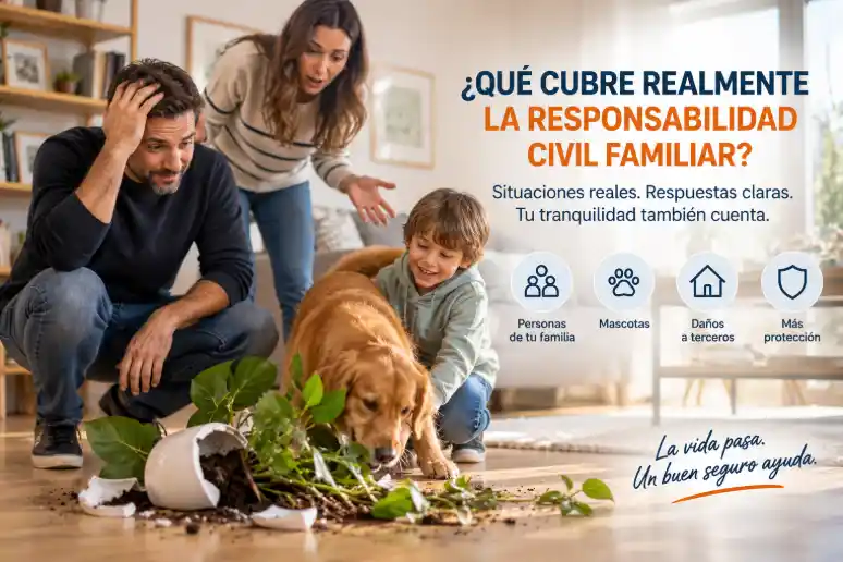 Familia en el salón de una vivienda tras un accidente doméstico provocado por su perro, representando la cobertura de la responsabilidad civil familiar para daños accidentales a terceros incluida en muchos seguros de hogar.