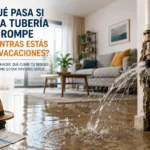 Ilustración de una tubería rota inundando una vivienda mientras los propietarios están de vacaciones, con una maleta preparada y agua saliendo de la pared, representando un siniestro cubierto por el seguro de hogar.