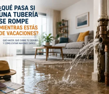 Ilustración de una tubería rota inundando una vivienda mientras los propietarios están de vacaciones, con una maleta preparada y agua saliendo de la pared, representando un siniestro cubierto por el seguro de hogar.