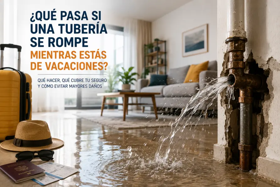 Ilustración de una tubería rota inundando una vivienda mientras los propietarios están de vacaciones, con una maleta preparada y agua saliendo de la pared, representando un siniestro cubierto por el seguro de hogar.
