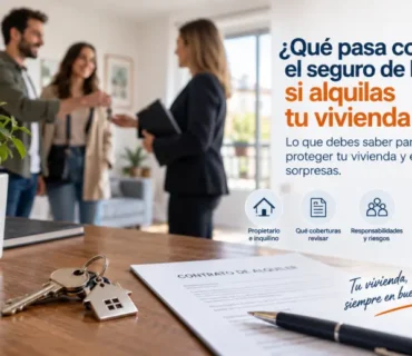 Propietario entregando las llaves de una vivienda alquilada junto a un contrato de alquiler, representando la importancia de revisar el seguro de hogar al alquilar una vivienda.
