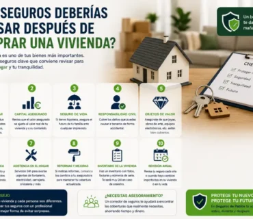 Infografía sobre los seguros que conviene revisar después de comprar una vivienda, incluyendo el seguro de hogar, capital asegurado, seguro de vida, responsabilidad civil, protección jurídica, asistencia en el hogar, reformas, inventario de la vivienda y revisión anual de la póliza.