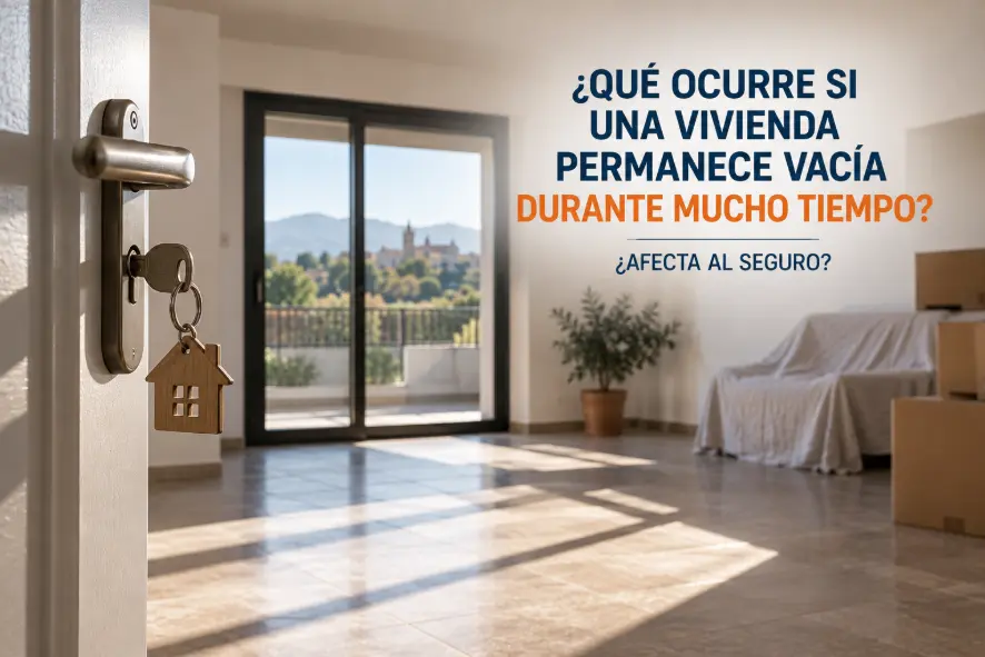 Vivienda vacía con llaves en la cerradura y muebles cubiertos, representando una casa desocupada durante un largo periodo y la importancia de revisar cómo puede afectar esta situación al seguro de hogar.