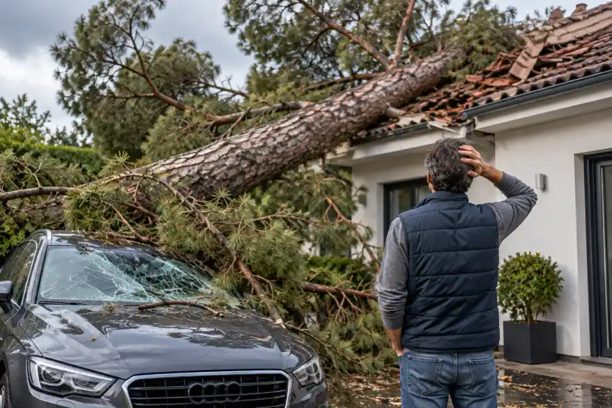 Árbol caído sobre una vivienda y un coche tras una tormenta, ilustrando los daños materiales y la importancia de conocer qué seguro puede hacerse cargo del siniestro.
