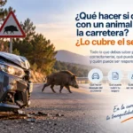 Coche accidentado tras chocar con un jabalí en una carretera, representando qué hacer y qué puede cubrir el seguro de coche en un accidente con animales.