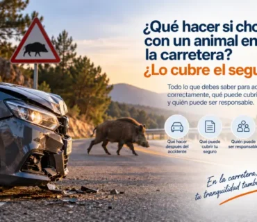 Coche accidentado tras chocar con un jabalí en una carretera, representando qué hacer y qué puede cubrir el seguro de coche en un accidente con animales.