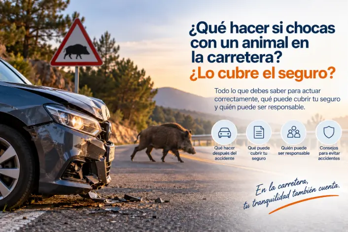 Coche accidentado tras chocar con un jabalí en una carretera, representando qué hacer y qué puede cubrir el seguro de coche en un accidente con animales.