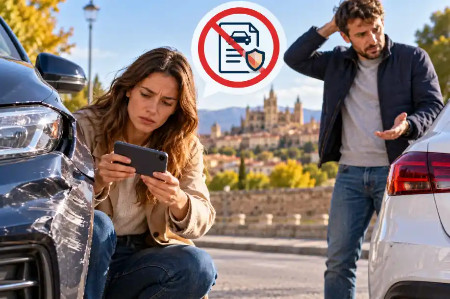 Conductores tras un accidente de tráfico con daños en los vehículos, representando qué ocurre y quién paga cuando el coche responsable no tiene seguro.