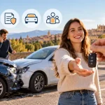 Persona recibiendo las llaves de un coche junto a dos vehículos accidentados, representando qué ocurre con el seguro si otra persona conduce tu coche y tiene un accidente.
