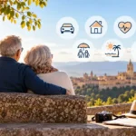 Pareja jubilada en Segovia con iconos de seguro de coche, hogar, salud y viaje, representando los seguros que conviene revisar al jubilarse.