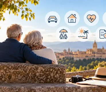 Pareja jubilada en Segovia con iconos de seguro de coche, hogar, salud y viaje, representando los seguros que conviene revisar al jubilarse.