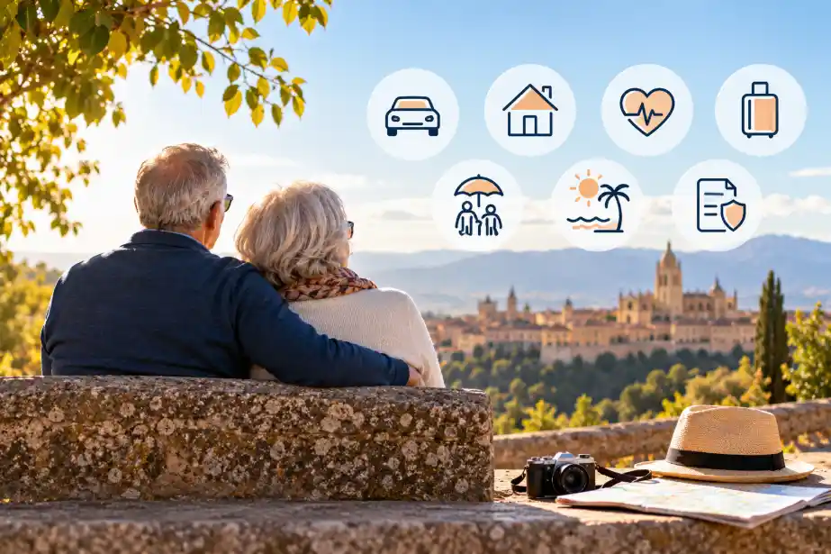 Pareja jubilada en Segovia con iconos de seguro de coche, hogar, salud y viaje, representando los seguros que conviene revisar al jubilarse.